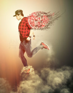 A young boy with casual clothes walking in the clouds in the sky. The boy is pushed up by the clouds and the wings that take shape and rise from his clothes. imaginative illustration. Fantasy and dream concept.