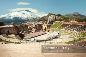 The Ancient theatre of Taormina (Teatro antico di Taormina in italian language) is an ancient Greek theatre, in Taormina, southern Italy, built early in the seventh century BC. Behind the theater, more distant, the volcano of Mount Etna in Sicily snowy. Italy.