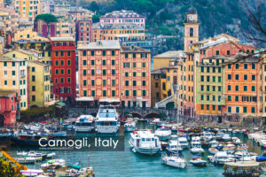 CAMOGLI, ITALY. October 22, 2017: Panoramic view of the city of Camogli, Italy. Ligurian Sea. Colorful houses, small harbor with boats. Italian tourist destination.