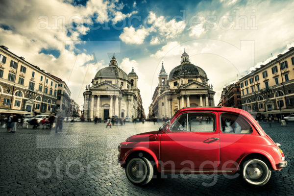 Fiat 500 Cinquecento Old Red Vintage Car Italian Scene In The Historic Center Of Rome Italy