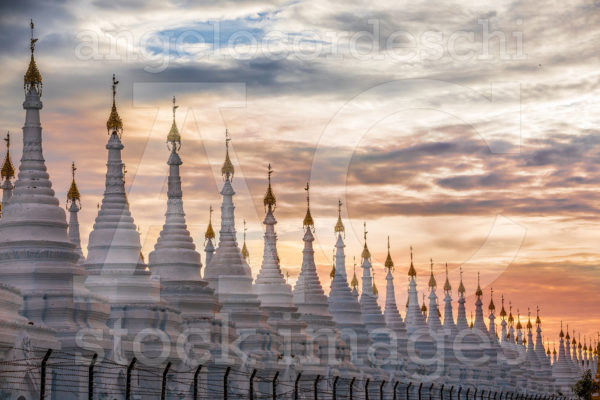 Pagoda Series In Line At Sunset In The Mandalay Region Aungmyaythazan In Burma
