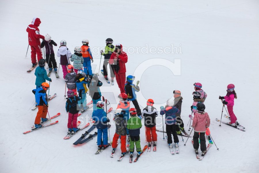 Chamonix, France. March 13, 2018: Ski School With Numerous Child Angelo Cordeschi