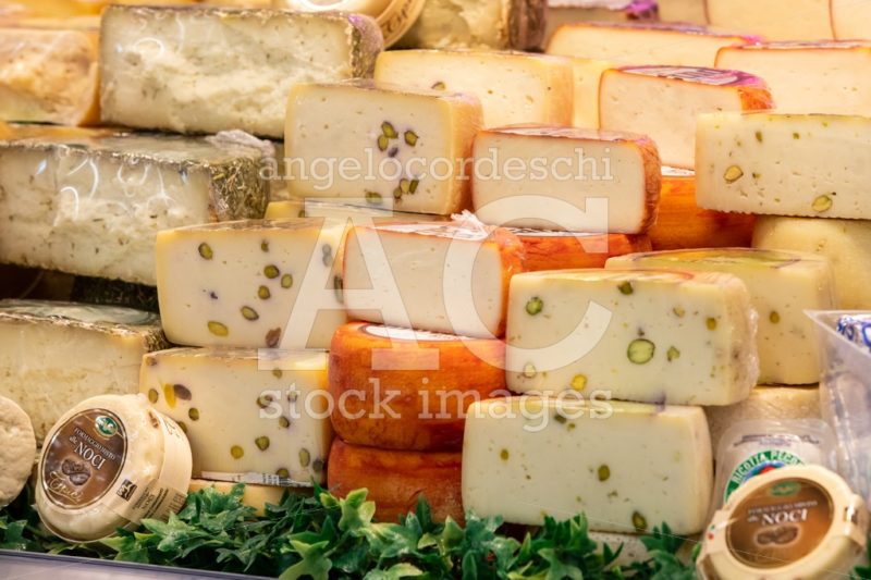 Cheese Department. Variety Of Italian Cheeses. Showcase With Dif Angelo Cordeschi