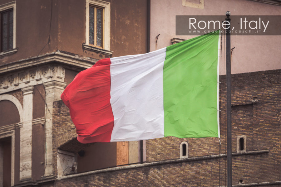 Italian Flag. Detail Of Castel Sant'Angelo Mausoleum Of Hadrian