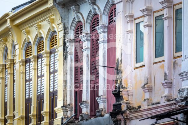 Facade Perspective Of Ancient Buildings. Colorful Facade, Arched Angelo Cordeschi