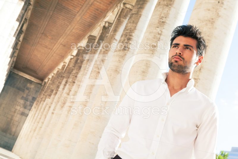 Handsome Young Elegant Man Outdoors. Hairstyle And Beard. A Beau Angelo Cordeschi