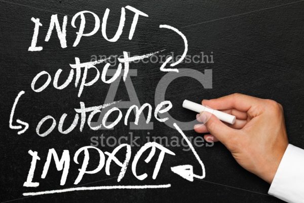 Input output outcome impact, blackboard or chalkboard with hand. - Angelo Cordeschi