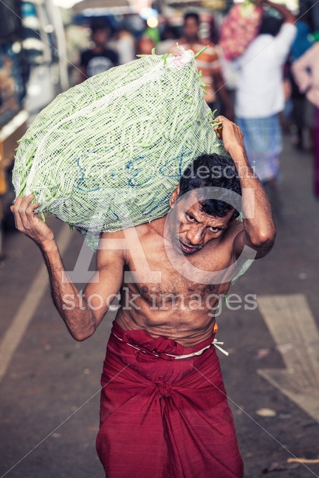 Man worker with big heavy bag on shoulder. Vegetable market. Sri - Angelo Cordeschi