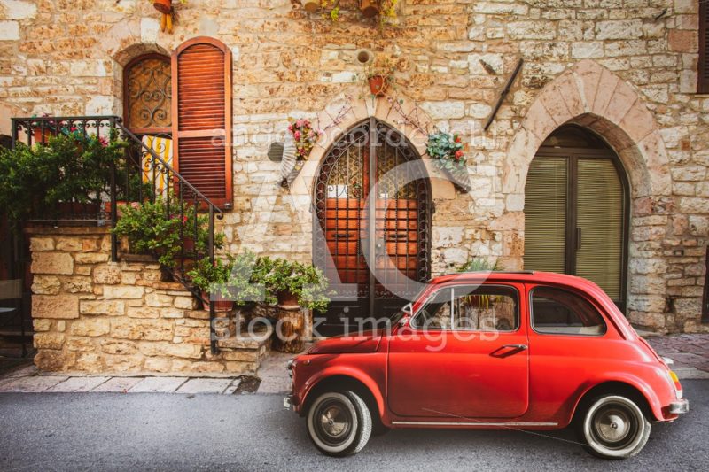 Old Vintage Italian Scene. Small Antique Red Car. Fiat 500 Angelo Cordeschi