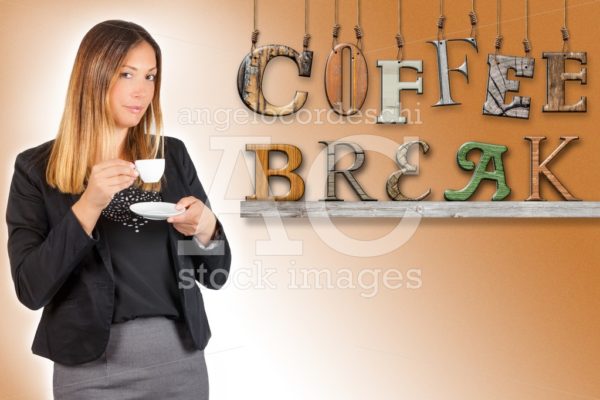 Woman Drinking Coffee With Text Coffee Break Hanging On Faded Gr Angelo Cordeschi