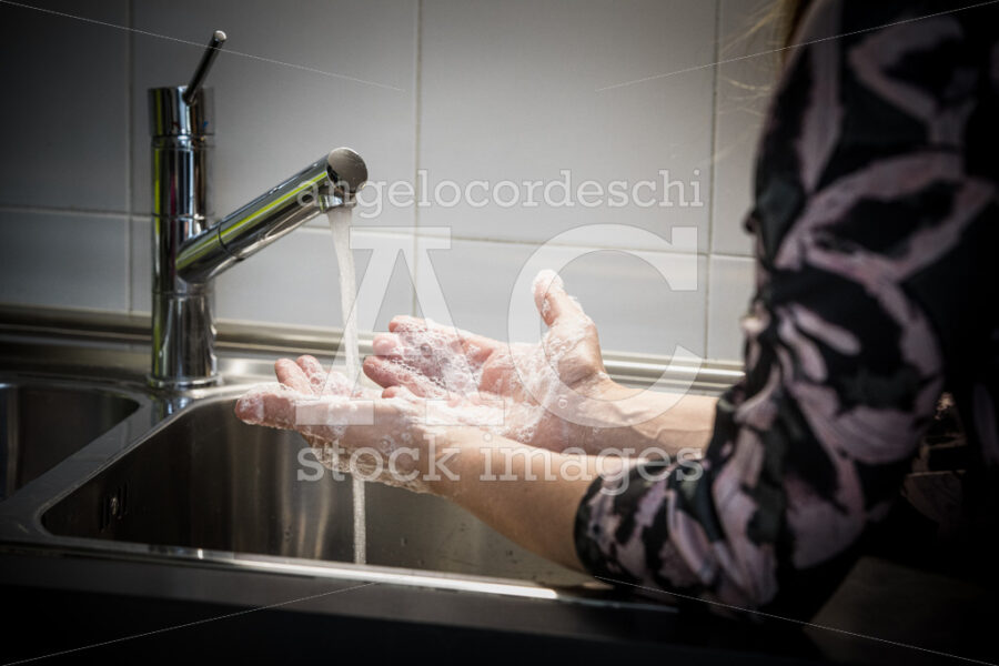 Woman Washing Her Hands With Soap In The Kitchen Sink. Soapy Han Angelo Cordeschi