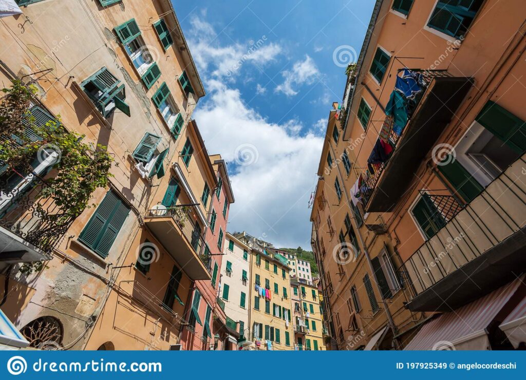 Riomaggiore Italy August Perspective View Colored Houses City Blue Sky Palaces Balconies Windows 197925349